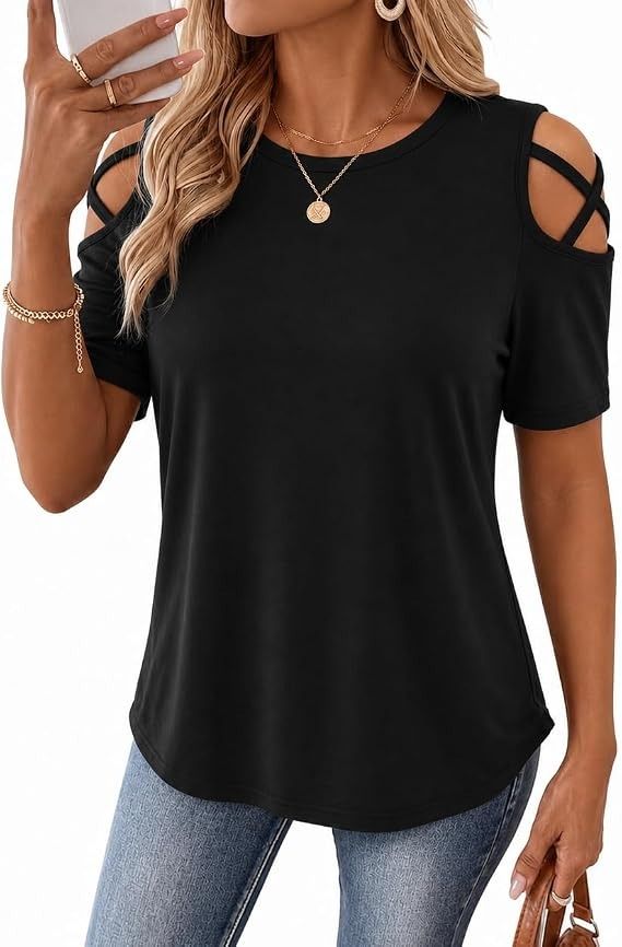 Black Cold Shoulder Short Sleeve Top image 1